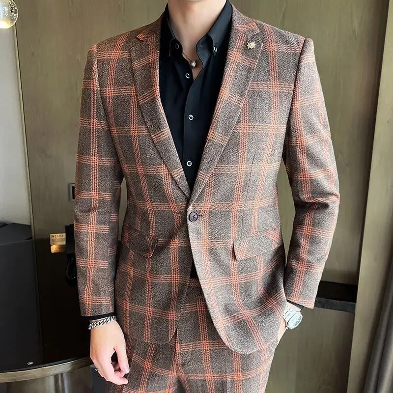Terno Masculinos 컴플리트 블레이저 및 바지, 비즈니스 캐주얼 격자 무늬 포트 스타일, 슬림 신사 웨딩 작업 블레이저 세트, 패션