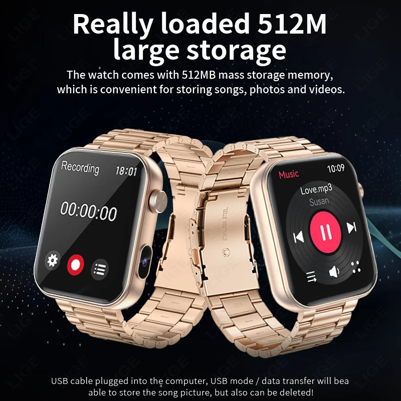 LIGE New 1.91" HD Camera Smart Watch Men 512MB Photo Video Shooting Watches Bluetooth Call Local Music Player Smartwatch Women