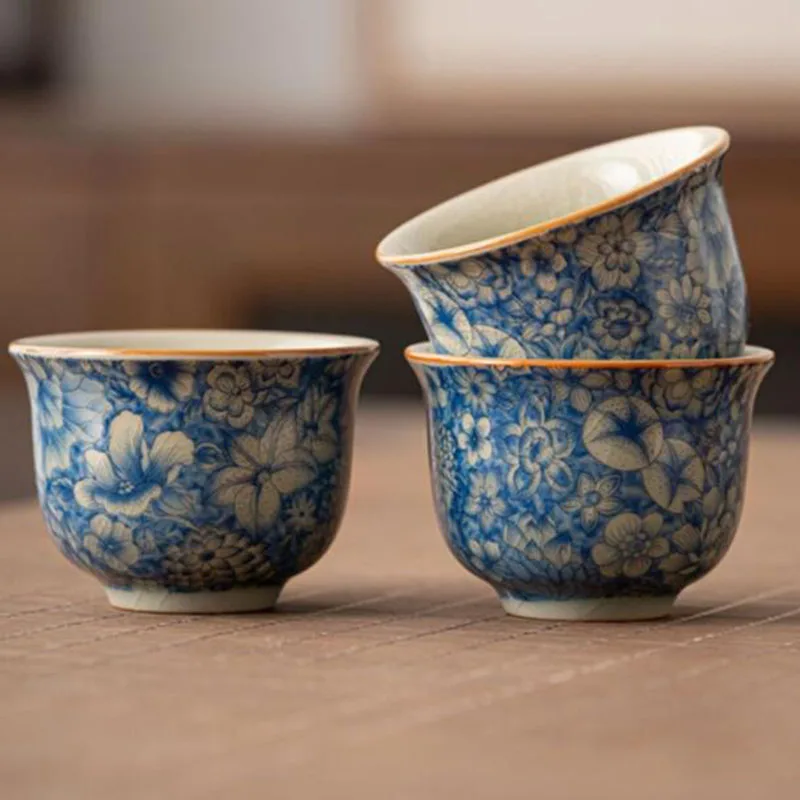 Porcelain Flourishing Flowers Blue Color Tea Tureen Tea Cup Set Kungfu Cup Infuser Tool Teaware Set Kitchen Drinkware