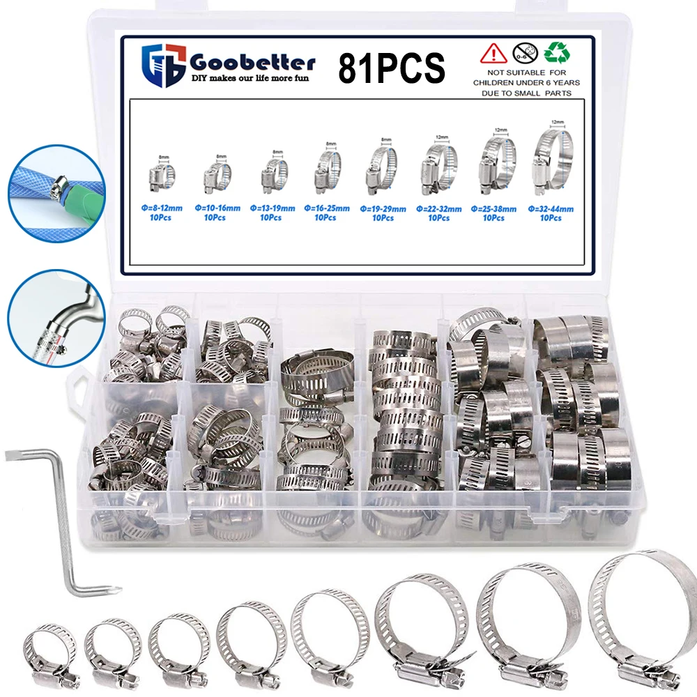 

81Pcs Hose Clamp Adjustable 8mm-44mm 304 Stainless Steel Worm Gear Hose Clip Hose Lock For Water Pipe Plumbing