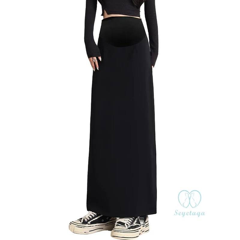 Back Splits Black Maternity Full Maxi Long Skirts Spring Casual Pencil Bottoms for Pregnant Women Elastic Waist Pregnancy