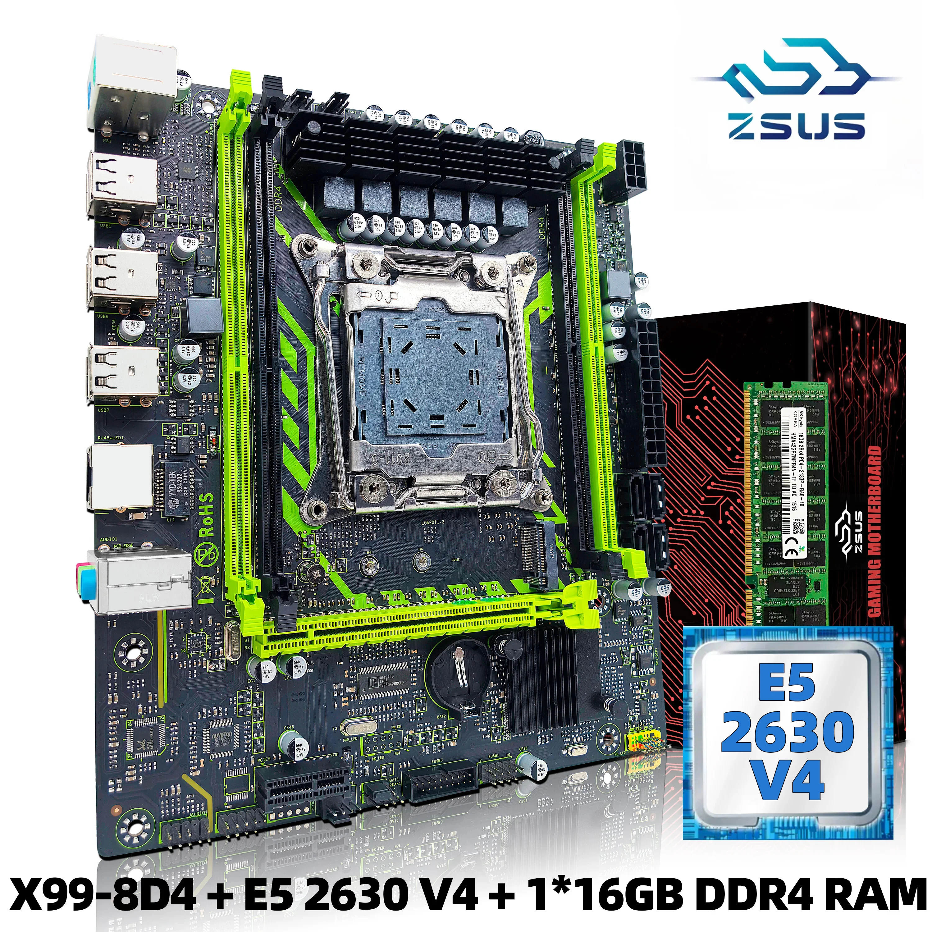 X99-8D4 ZSUS 마더보드 세트 키트, 인텔 LGA2011-3 제온 E5 2630 V4 CPU DDR4 16GB (1*16GB) 2133MHZ RAM 메모리 NVME M.2 SATA 포함 