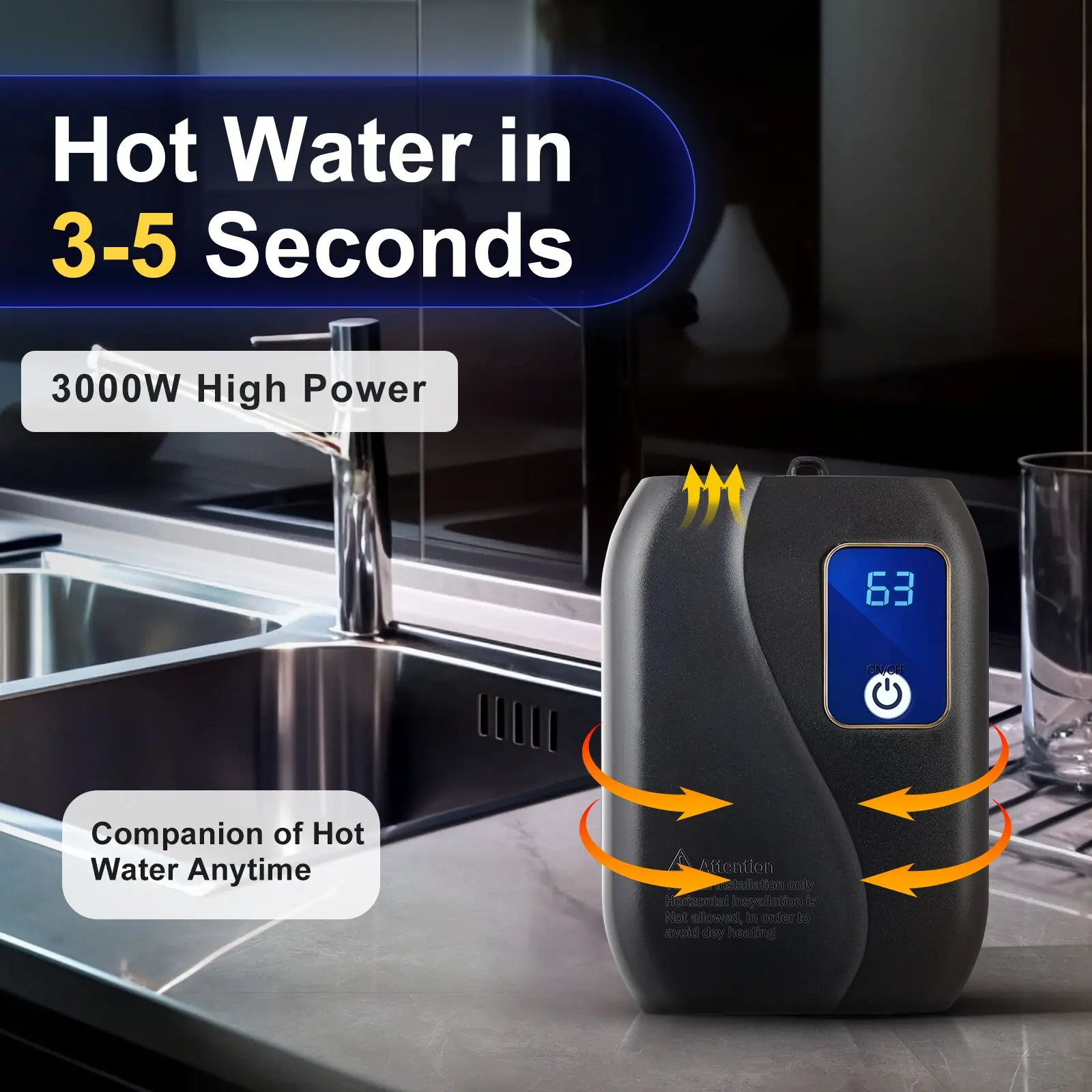 Electric Tankless Water Heater 3kW 110V Under Sink Instant Hot Water Heater On Demand LED Display for Kitchen Bathroom Shower