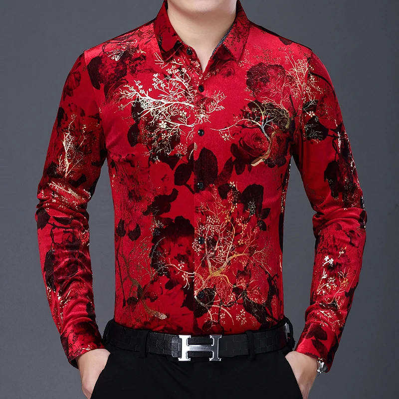 

Bronzing Jacquard Floral Shirts For Men Long Sleeve Silky Luxury Autumn Quality Velvet Soft Comfortable Casual Camisas De Hombre