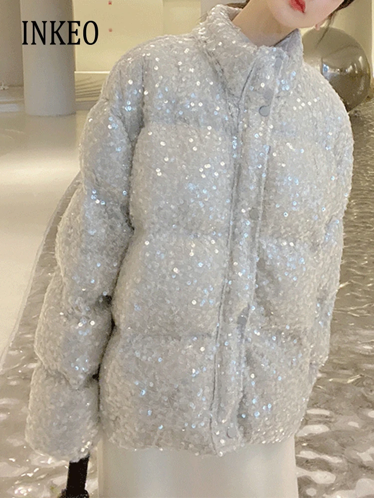 Luxury Women Sliver Sequined down jacket 2023 Winter Thick warm Turtleneck Puffer coat Oversized Outwear White Chic INKEO 3O126