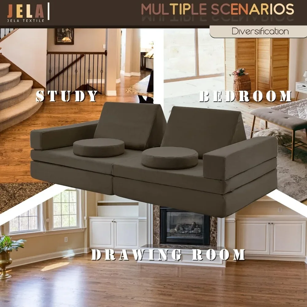 Kids Couch Extended Size 10PCS with futons, Floor Couch Floor Sofa Modular Furniture for Kids and Adults,Modular Foam Play Couch 5