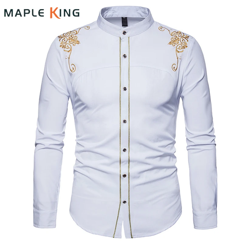 Chemise Homme Spring Royal Court Style Solid Floral Embroidered Solid Dress Shirts Slim Fit Casual Long Sleeve Shirt XXL