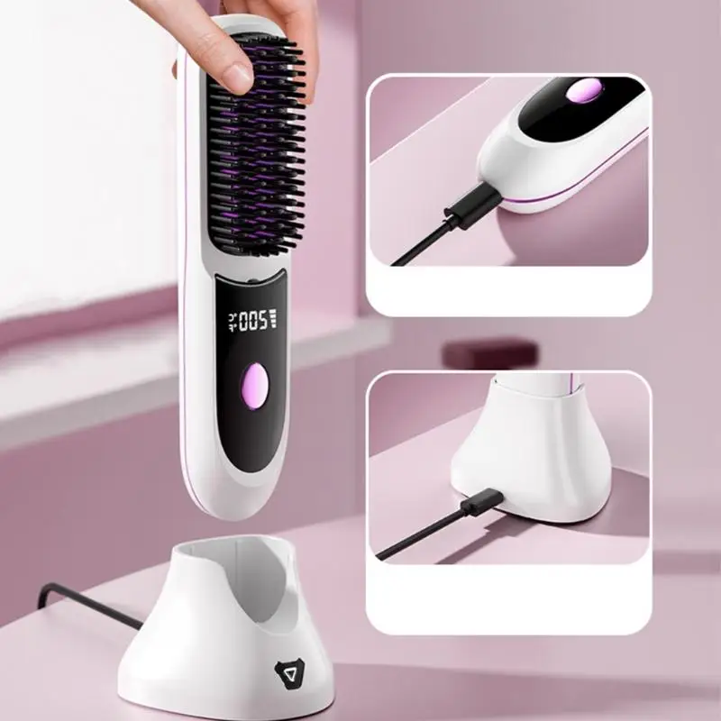 C4DA USB Rechargeable Hair Straightener Brush Fast Heating & 3 Temperature Settings