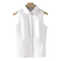 Polo sans manches blanc en coton, col rond, style décontracté, chemise de base tendance pour femme, version coréenne, coupe ajustée, OL 5