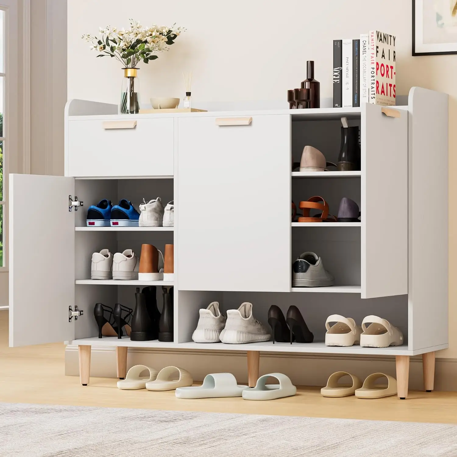 

Cozy Castle Shoe Storage Cabinet with Doors & Drawer, Slim Shoe Organizer with Adjustable Shelves, Freestanding Wood