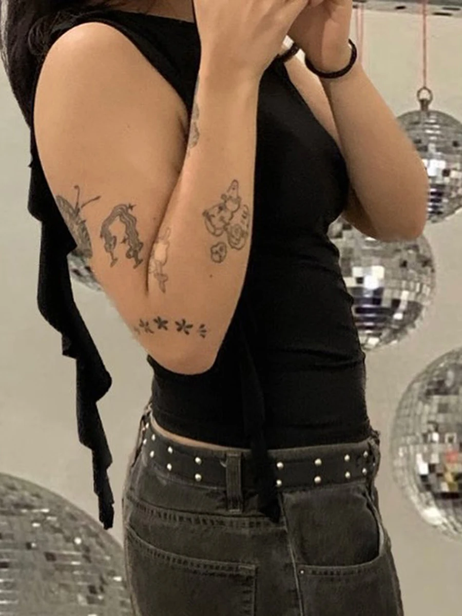 Spring New Women's Ruffle Edge Pleated O Neck Vest Elegant Summer Slim Y2k Sleeveless Fringed Fashion Solid Color Short Top