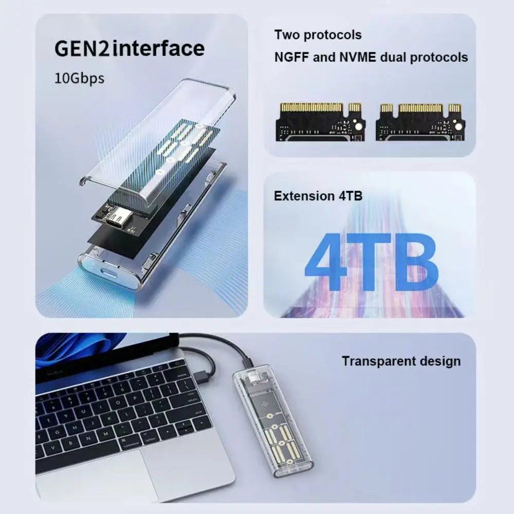 Laptop SSD Mobile Hard Drive Box Transparent M.2 SSD Box NVME PCIe M2 Hard Disk Case NGFF 10Gbps Clear Case Phone