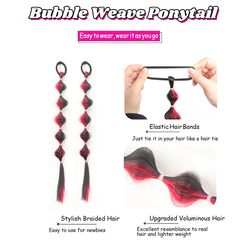 LUPU 2 PCS Bubble Braided Ponytails Hair Extensions Synthetic Braid Wig with Elastic Hair Band Hairpieces for Women