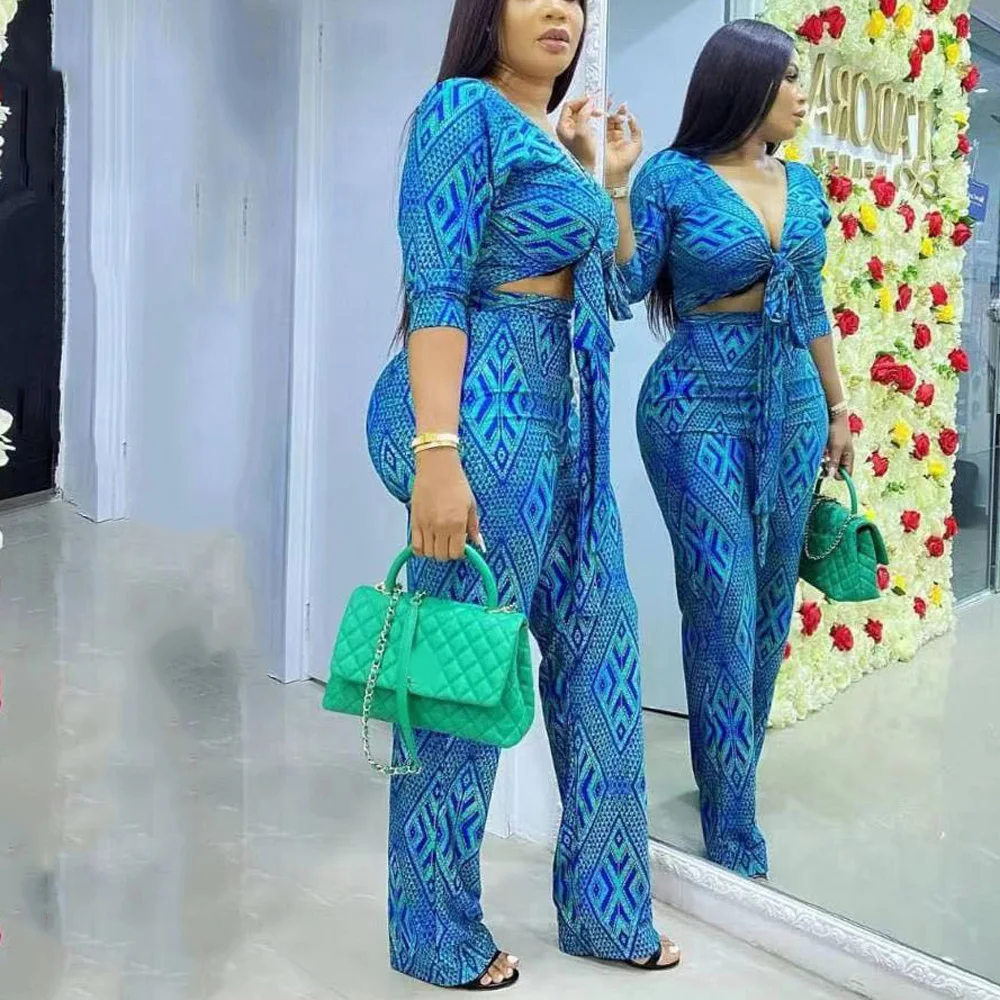 African Ladies Fashion Pants Sets Blue Geometric Printed Blouse & Long Trousers Elegant Evening Night Party Dinner Matching Sets korean fashion high wiat jeans women spring summer slim casual vintage pencil pants elegant classic skinny denim trousers ladies