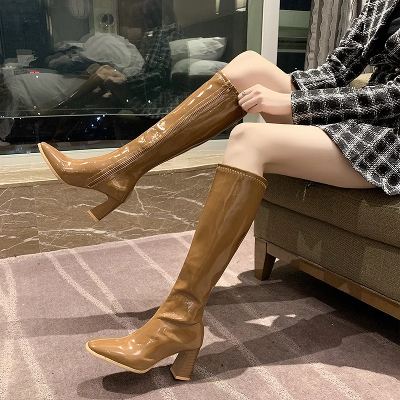 Women 2025 Platform Knee High Boots Autumn New Patent Leather Side Zipper Long Boots Woman Black High Heel Knight Botas Mujer