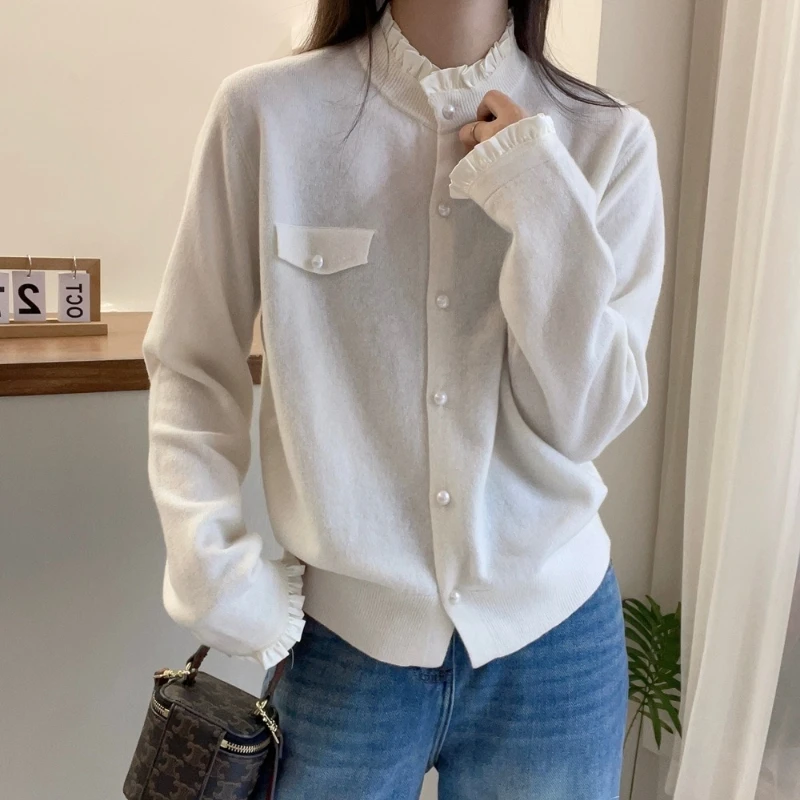 

Ladies Spring Autumn Long sleeved Button French Fashionable Lace Collar Fine Imitation Wool Loose Knitted Sweater Cardigan Top