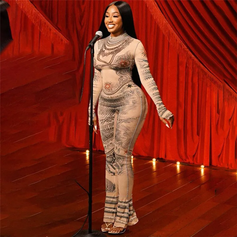 

CINESSD Skinny New Women's Bodysuit 2024 Spring Personalized Street Digital Printing Sexy Mesh Perspective Grunge WS1536