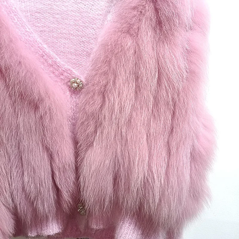 Women Spring Loose Real Fox Fur Stripe Coat 2023 Sewed  Real Fur Outside Decoration Female Fashion Sweater Cardigan