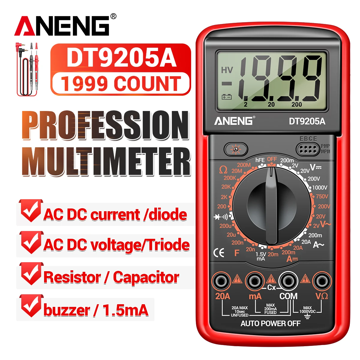 ANENGDT9205A121999countsDigitalMultimeterACDCcurrentVoltage