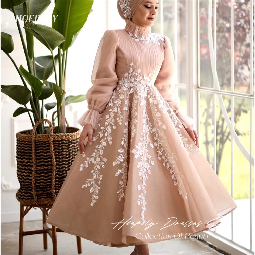 

Hoepoly Elegant Muslim Arabic Women Evening Dresses Long Sleeves High Neck Appliques Organza Formal Prom Gowns Modest