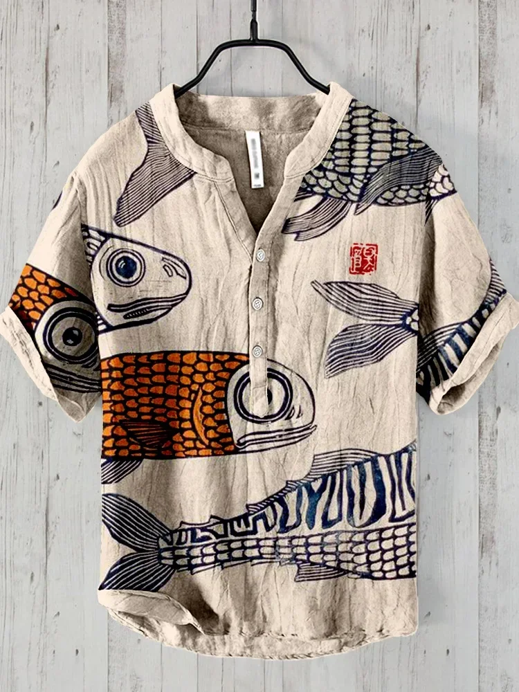 Spring and summer men's and women's shirts independent station casual fish pattern Hawaiian style printed shirts men's tops 3