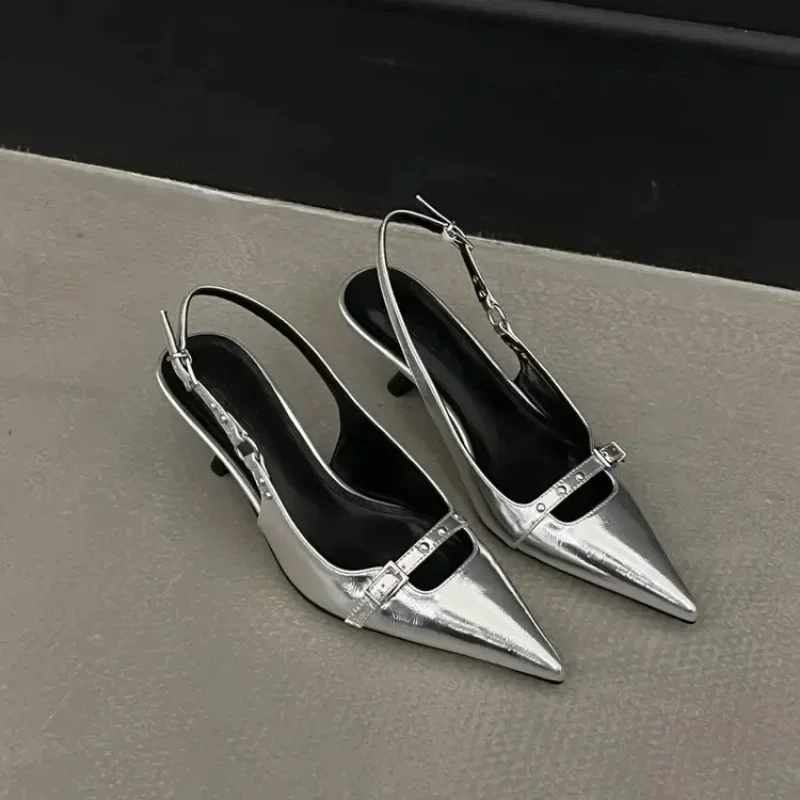 Fashion Slingback Sandals Women Med Heels Pumps Rivet Shoes Elegant Pointed Toe Female Mules Dress Slides Denim Sandalias women sandals,women high heels