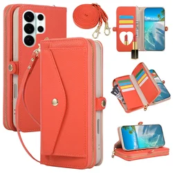 Elegant Crossbody Leather Wallet Phone Case with Zipper Card Holder and Mirror Cover - (Samsung S23 Ultra) (Orange)