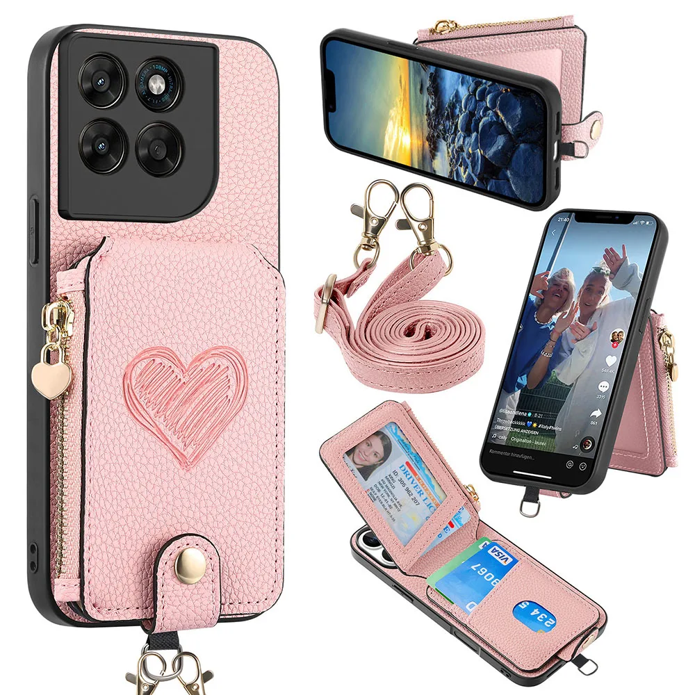 Zipper Wallet Phone Case - Leather Card Holder Cover with Lanyard