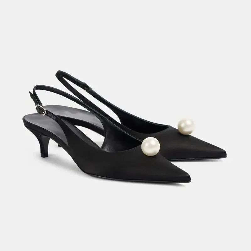 New Sexy Women Kitten Heels Pumps Shoes Sandals Slingbacks Satin Pointed Toe Party Wedding Pearls Shoe Office Black 34-45