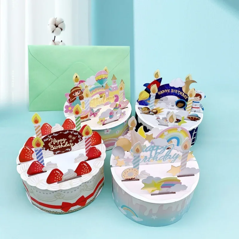 Birthday Card 3D Pop Up Cake Birthday Card With Envelope Set Strawberry Cake Astronaut Cartoon For Kids Friends Gifts