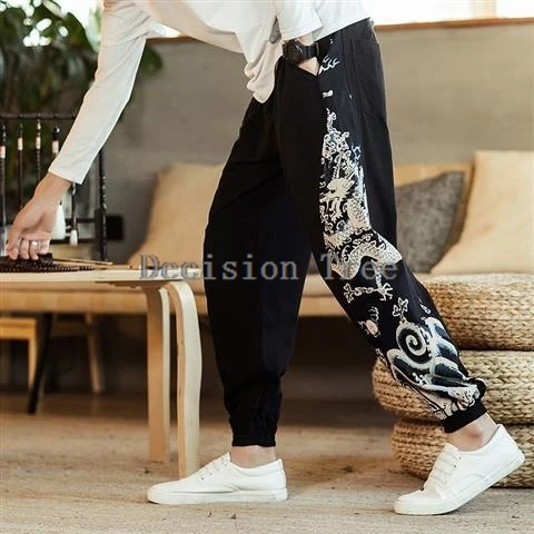 summer men chinese ethnic style tang suit pants exquisite dragon embroidery cotton linen trousers loose casual wushu pants
