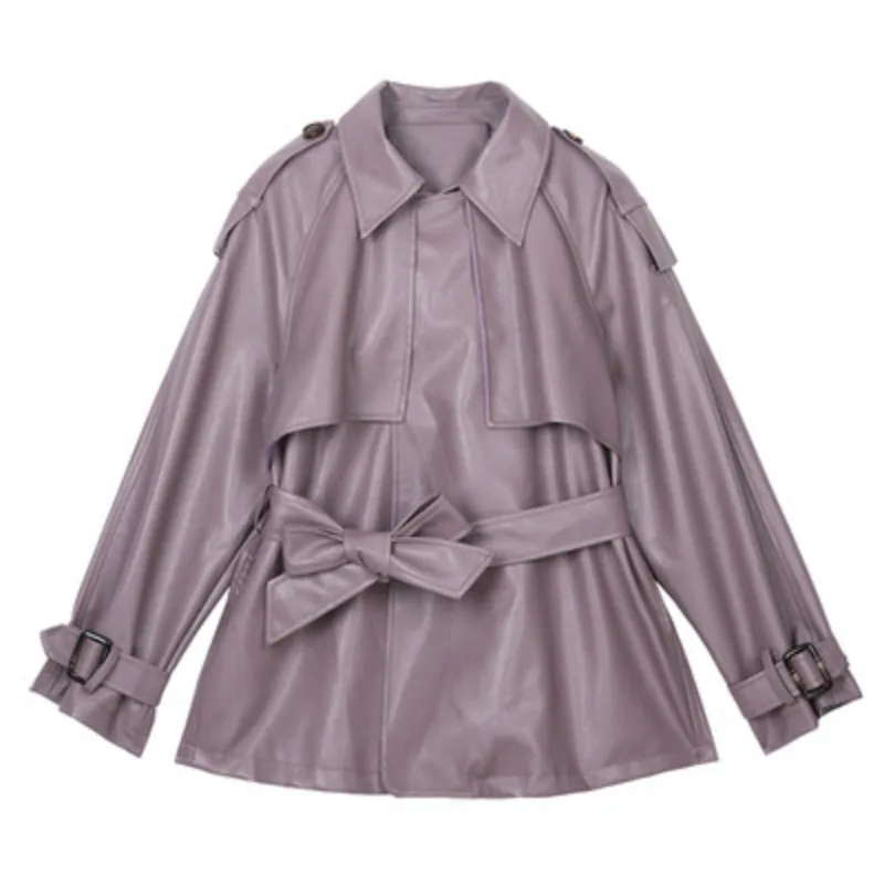 PU Leather Mid-Length Lace-up Trench Coat for Women, Motorcycle Clothing, Korean Style, Tight Waist, Casual Outwear, Autumn, New