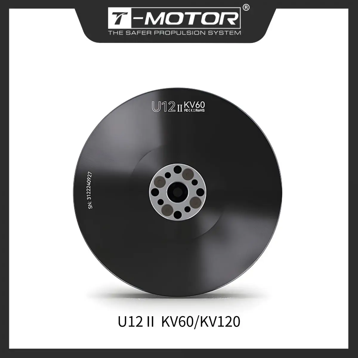 Vue latérale du moteur brushless T-MOTOR U12 II KV120 pour drone professionnel, montrant son boîtier métallique robuste.