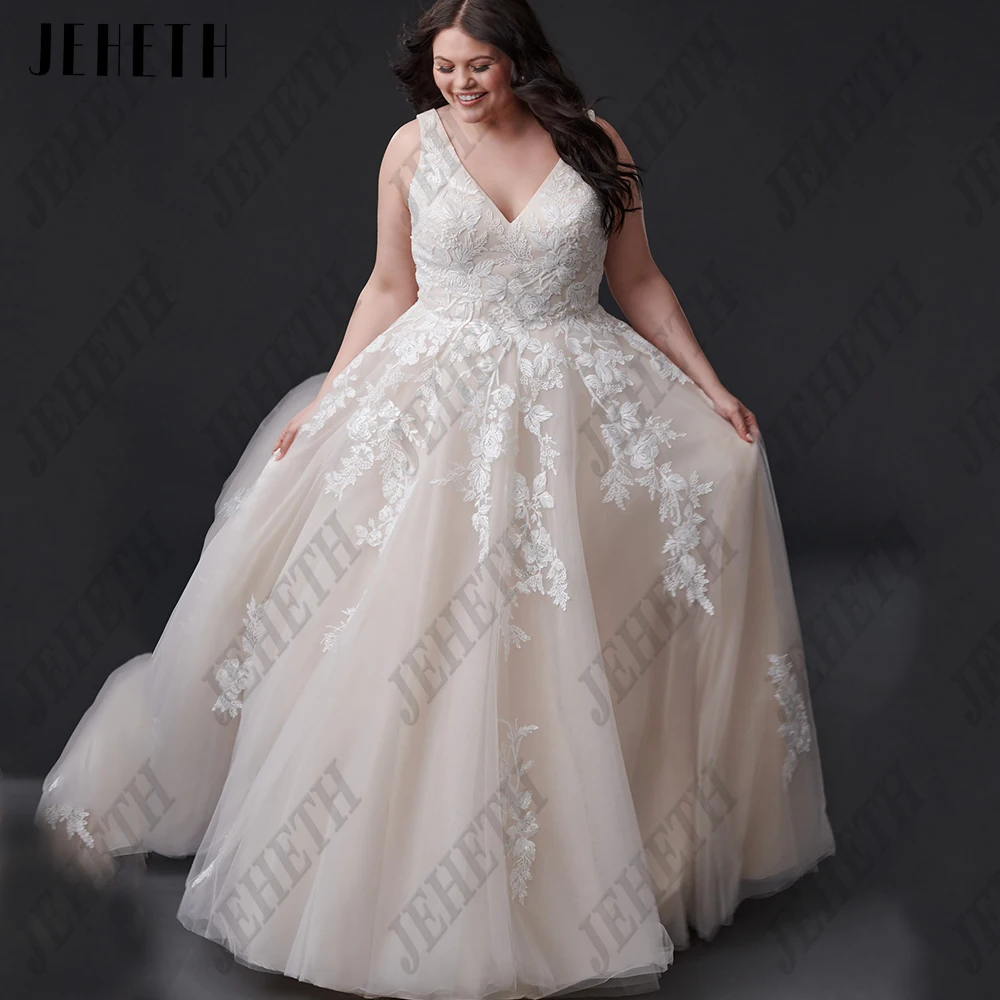 

JEHETH Classic Sleeveless Wedding Dresses Plus Size Sexy V-Neck Backless Lace Applique Bride Gowns A-Line vestidos de novia