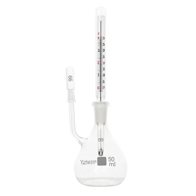 

Pyknometer bottle, density bottle, attached thermometer, glass with thermometer