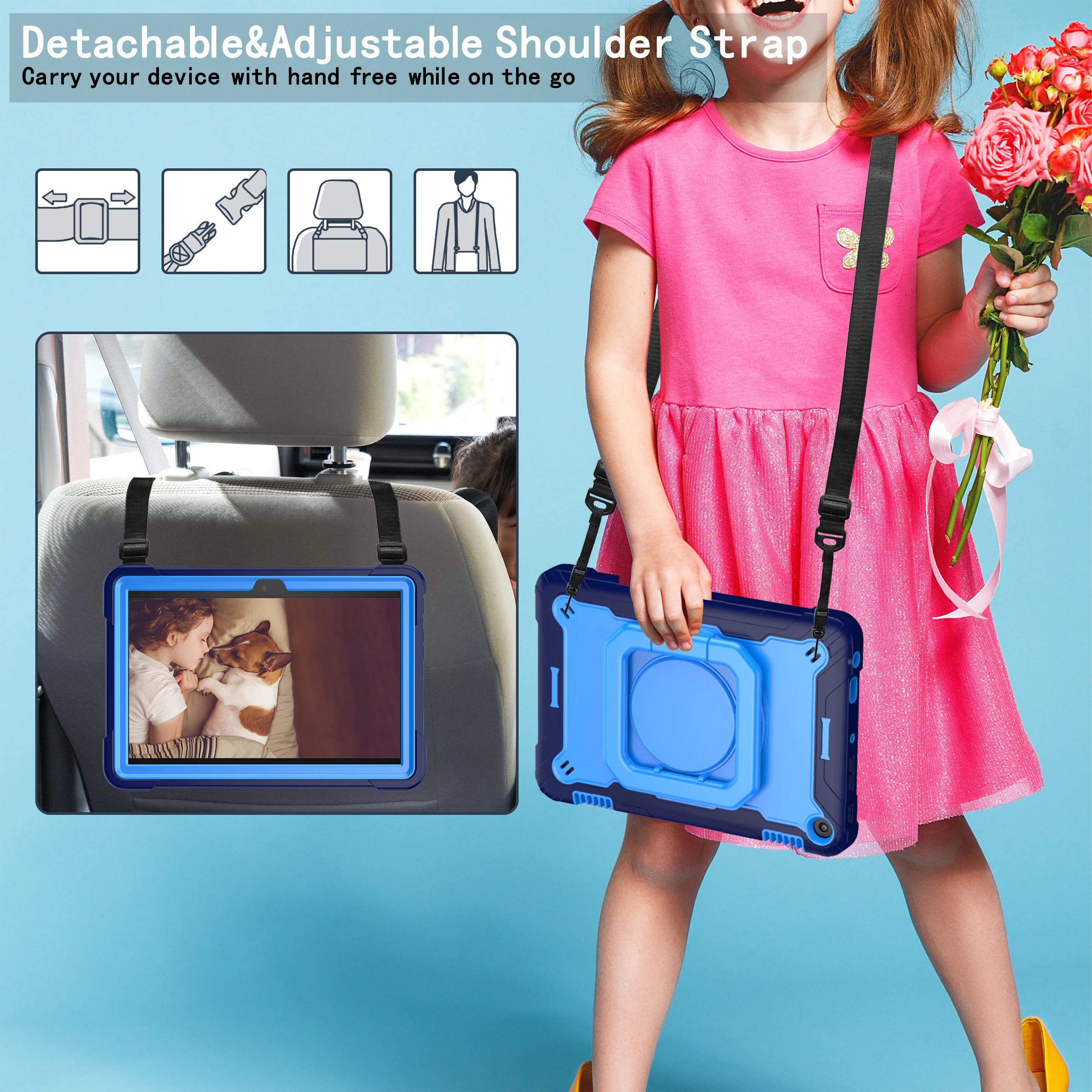 Durable Dropproof Tablet Case with 360° Swivel Holder and Shoulder Straps, Contrasting Design