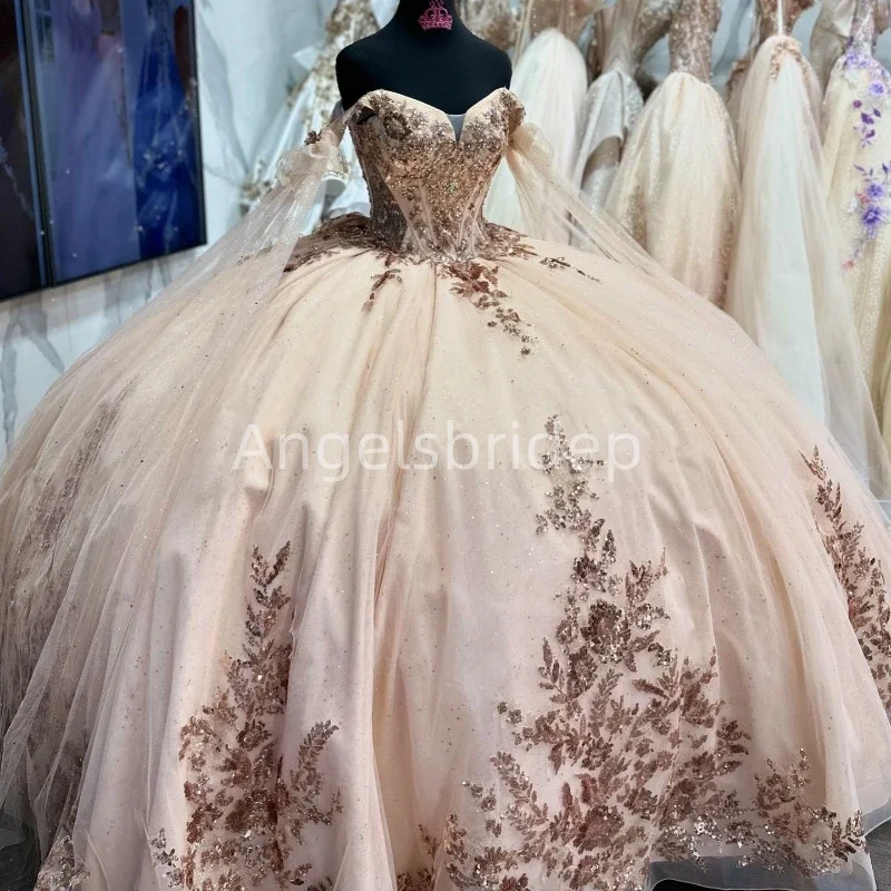 Angelsbridep Champagne Princess Quinceanera Dresses Off Shoulder Ball Gown Sweet 16 Dress Sequined Vestidos De 15 A&ntilde;os