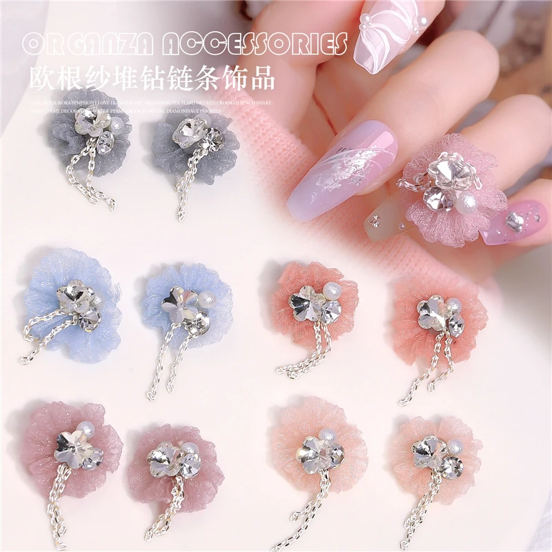 

New 5pcs Cloth Flower Diamond Crystal 3D Nail Art Decorations Pearl Chain Pendant Jewelry Manicure Design Accessories