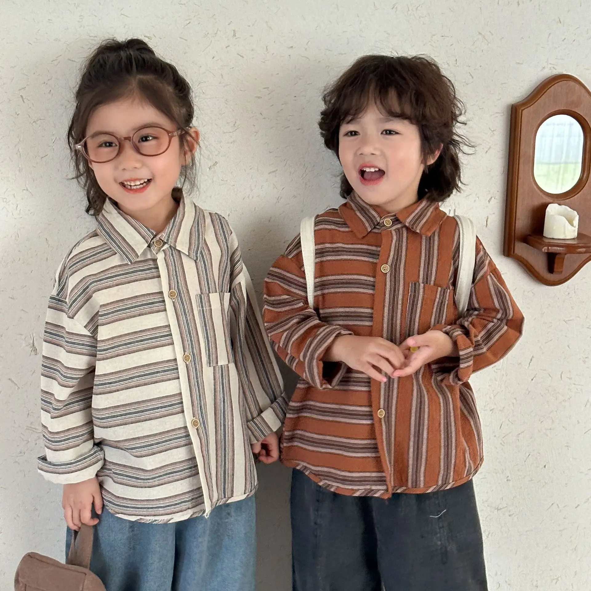 Spring Autumn Children's Long Sleeve Shirt Boys Girls Cotton Striped T-shirt Baby Clothes Toddlers 1-8y Kids Cardigan Tops