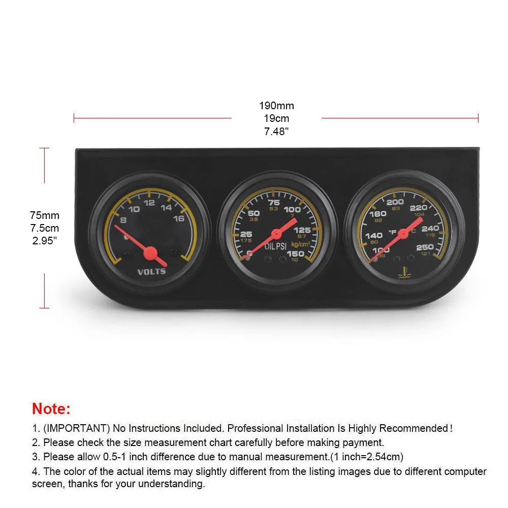 3 in1 트리플 게이지 키트 수온 게이지 C/F 및 오일 압력 게이지 PSI 및 전압계 12V 자동차 기계식 게이지 세트(센서 포함)