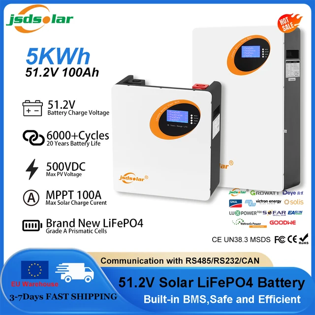 Pack de batteries LiFePO4 48V 100Ah 5KWh 8S 100A BMS, kits de batteries au lithium solaires, stockage d'énergie, contrôleur de charge solaire MPPT, CAN RS485 1