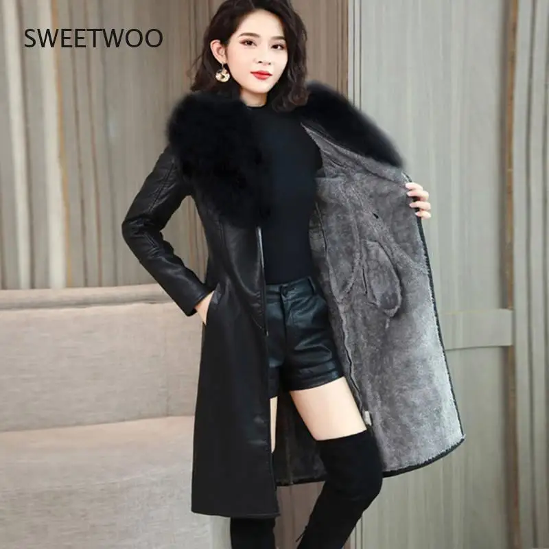 Pu Leather Long Sleeve Winter Jacket and Coat for Women Fur Collar Faux Leather Jacket Korean Soft Plush Lining Warm Slim 2022