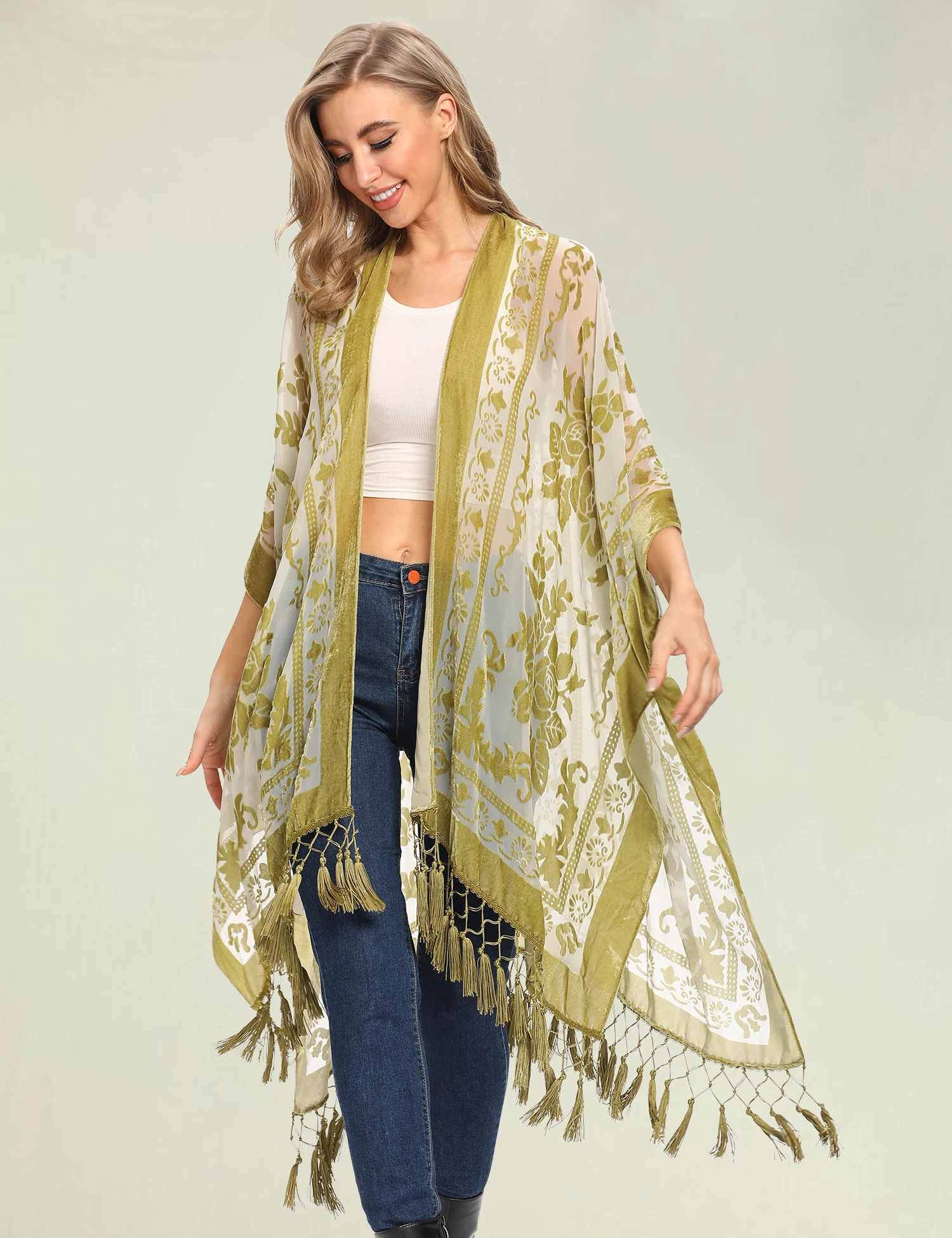 Wehello-velvet kimono for women, bohemian long cardigan with tassel, beach cover-up, chiffon shawl 1