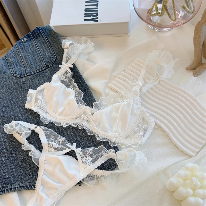 Sexy lingerie briefs ultra-thin lace underwear set with panty suit see-through thong seamless bralette with steel ring