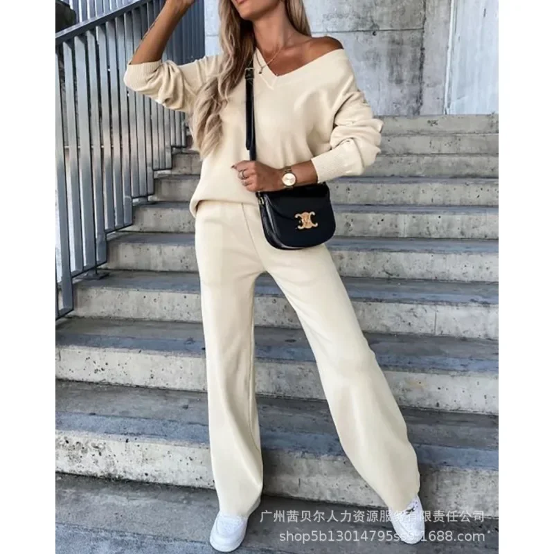 

Two Piece Sets Outfits Trousers Sets Clothing Y2K Women's Long Sleeve Tshirt Tops Apricot V-neck Casual Tops 2 Piece Trousers