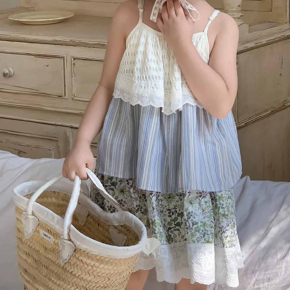 

2024 Summer Girl's patchwork dress Floral Lace sling princess dress Kids casual party dress