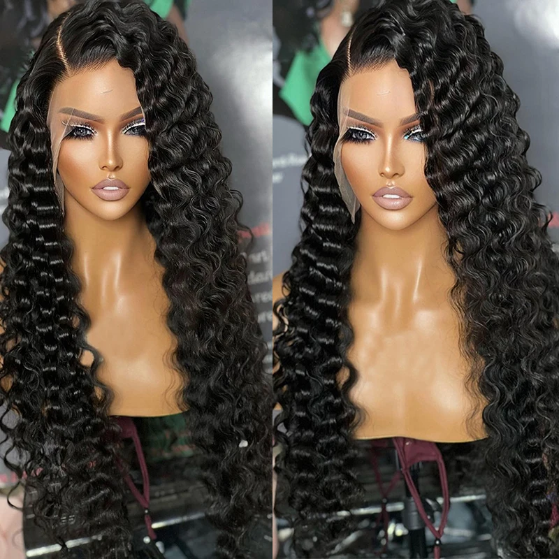 

Soft Glueless Natural Black 26inch Long 180%Density Deep Wave Lace Front Wig For African Women BabyHair Curly Preplucked Daily