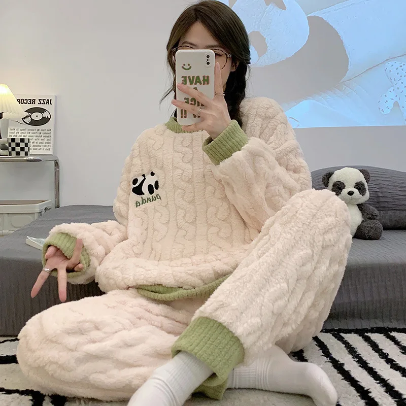 Autumn Winter Women's Pajamas Cute Cartoon Printed Sleepwear Casual Home Wear Set Girl Knitted Size M-2XL Pijamas Fashion Pyjama