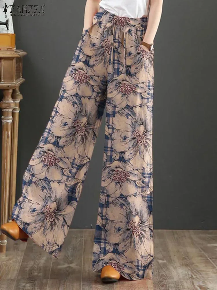 2024 New Bohemian Floral Printed Pants Autumn Fashion Wide Leg Pant Woman Casual Cotton Long Trousers Vintage Elastic Palazzo