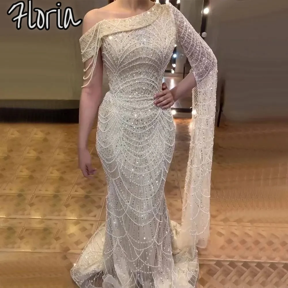Classic One Shoulder Mermaid Long Cape Sleeve Evening Dress Pearls Prom  Dress | eBay